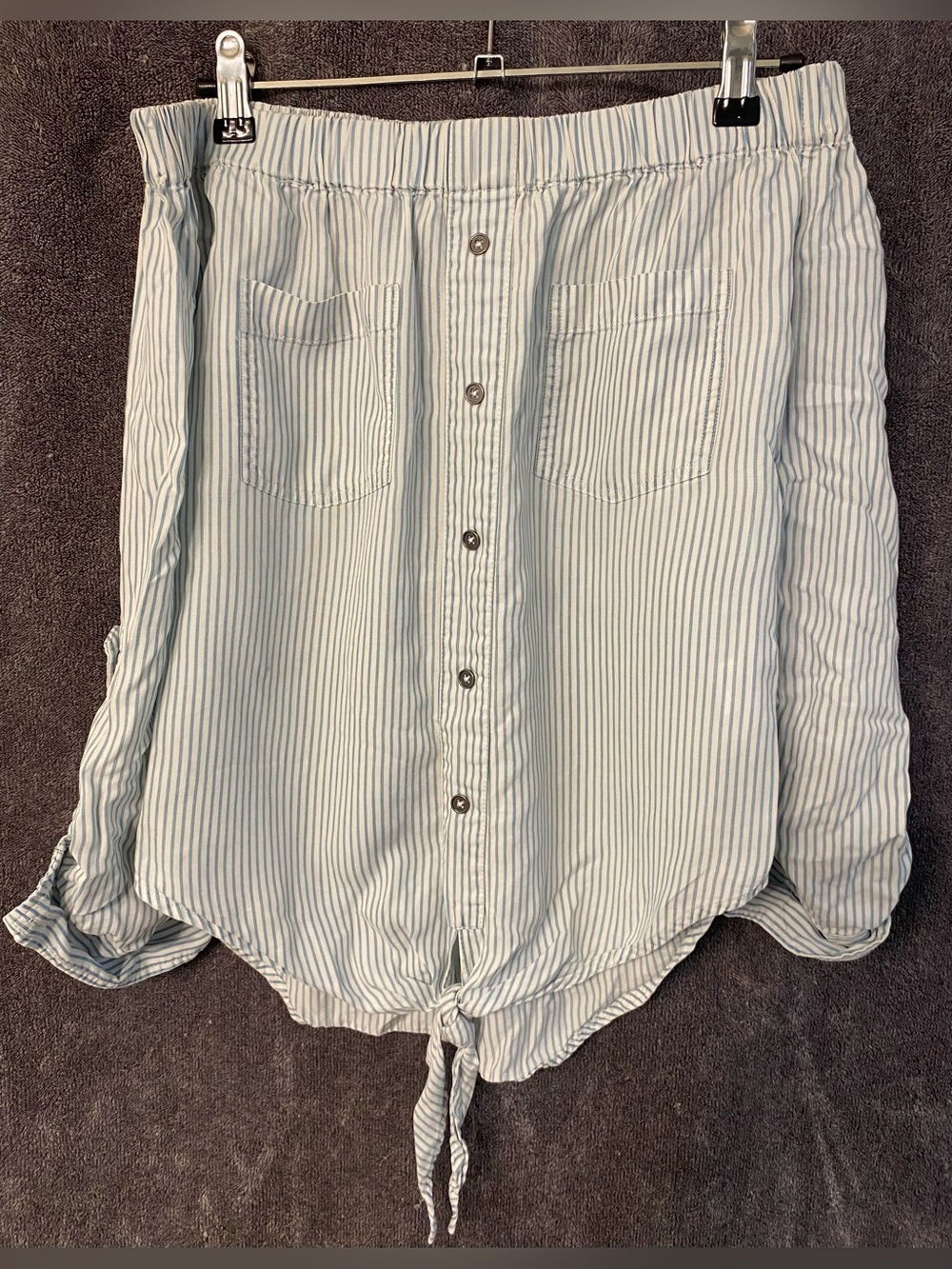 Light Blue and White Striped Off-the-Shoulder Button-Down Top with Tie Front Hem